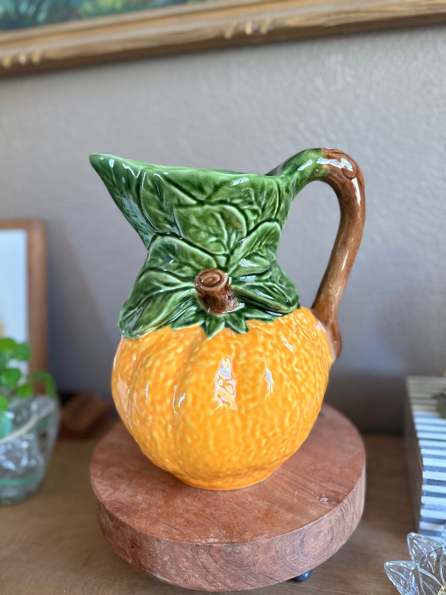 Large Vintage Majolica Orange Pottery Pitcher