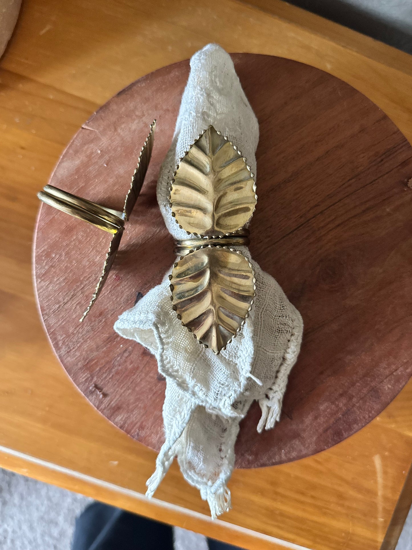 Set of Six Vintage Brass Leaf Napkin Rings