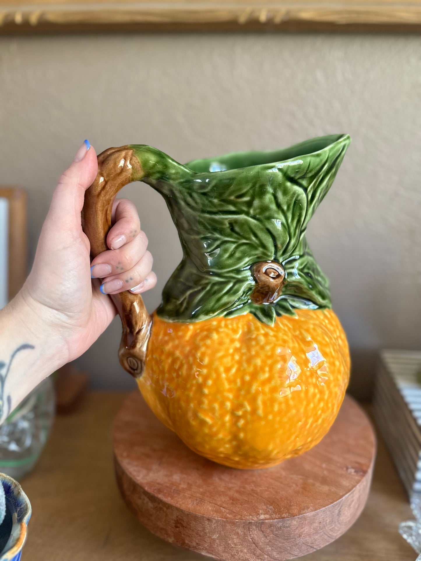 Large Vintage Majolica Orange Pottery Pitcher