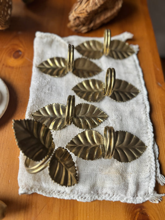 Set of Six Vintage Brass Leaf Napkin Rings