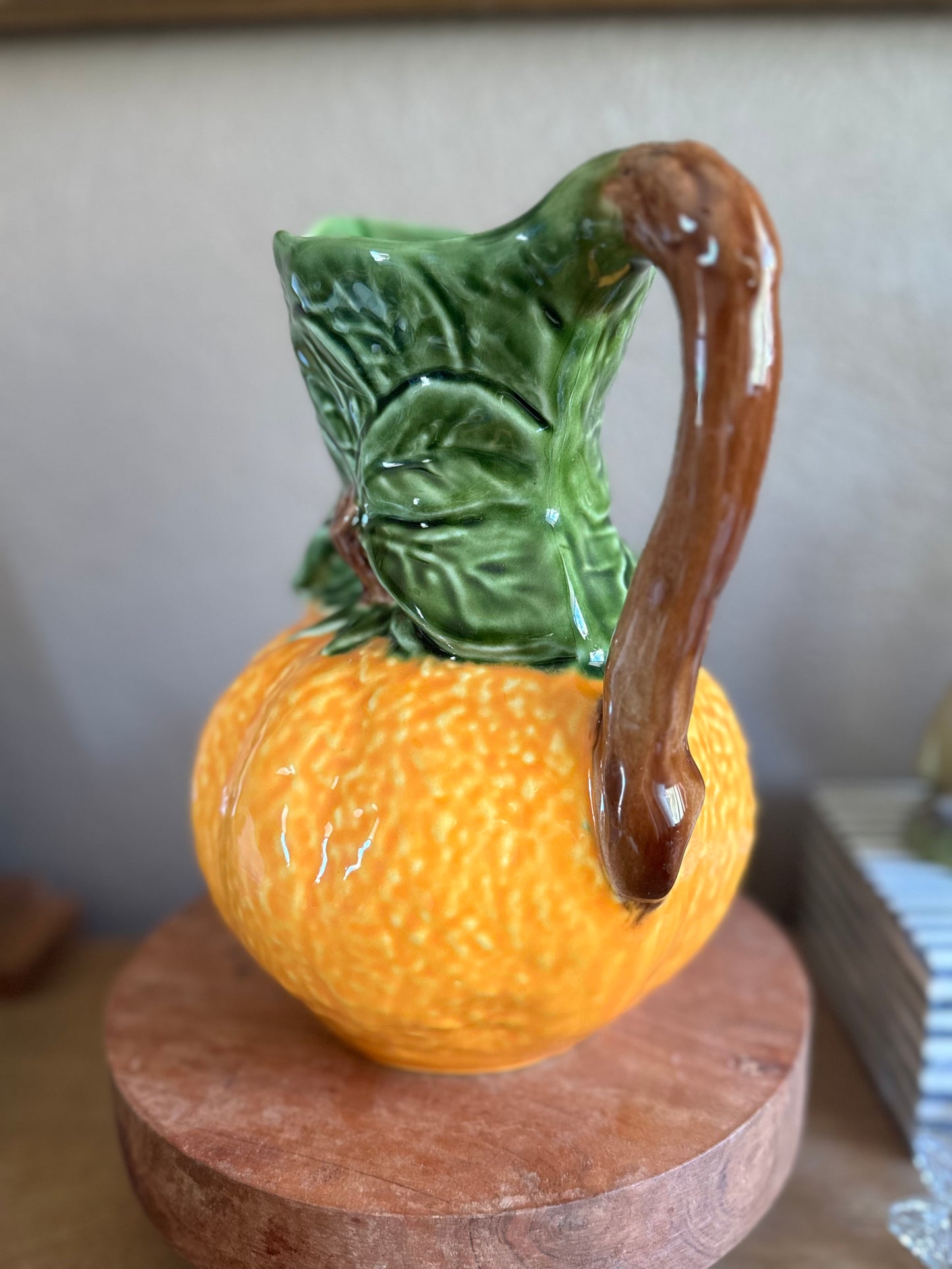 Large Vintage Majolica Orange Pottery Pitcher