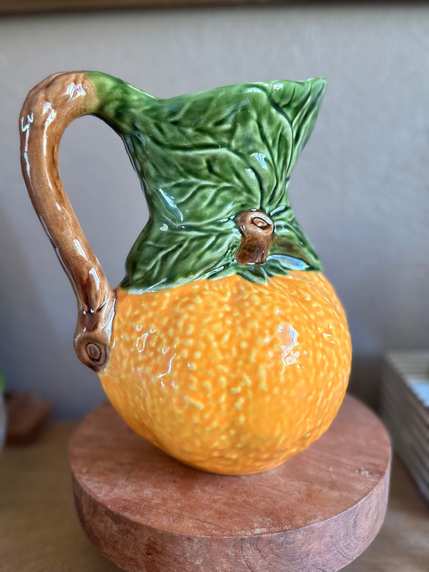Large Vintage Majolica Orange Pottery Pitcher