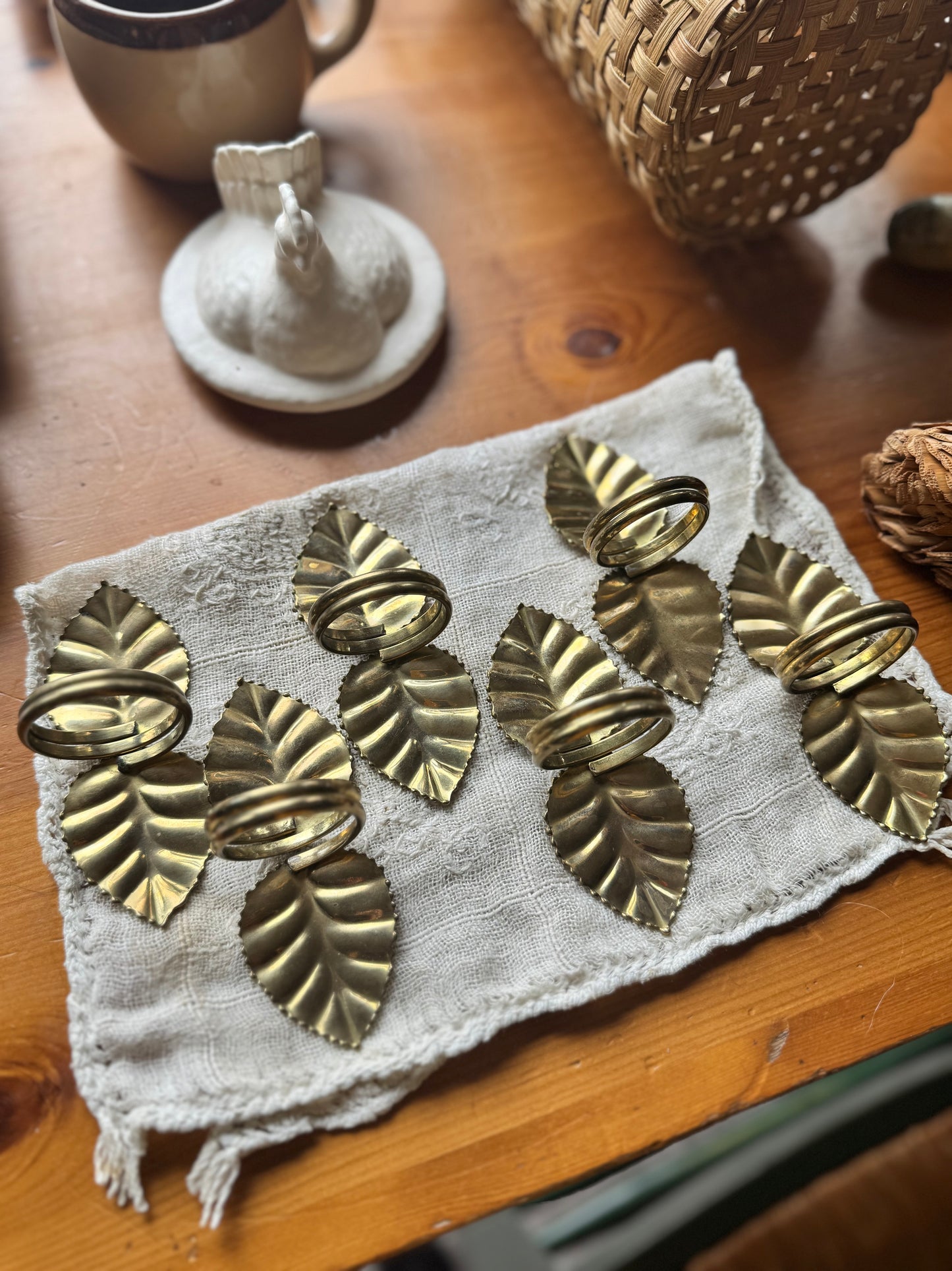 Set of Six Vintage Brass Leaf Napkin Rings